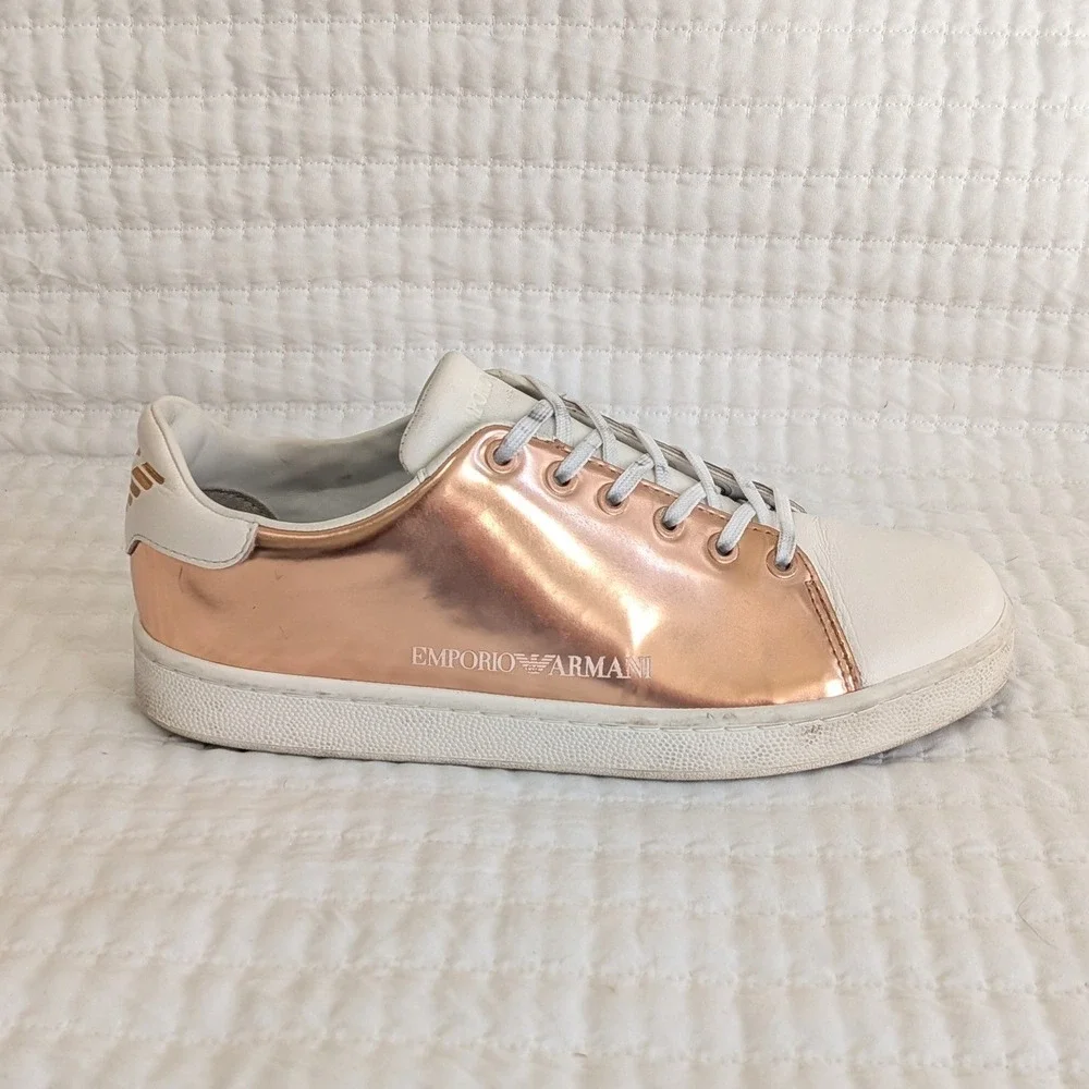 Emporio Armani Logo Print Lace Up Leather Casual Sneakers‎ Rose Gold White US 6